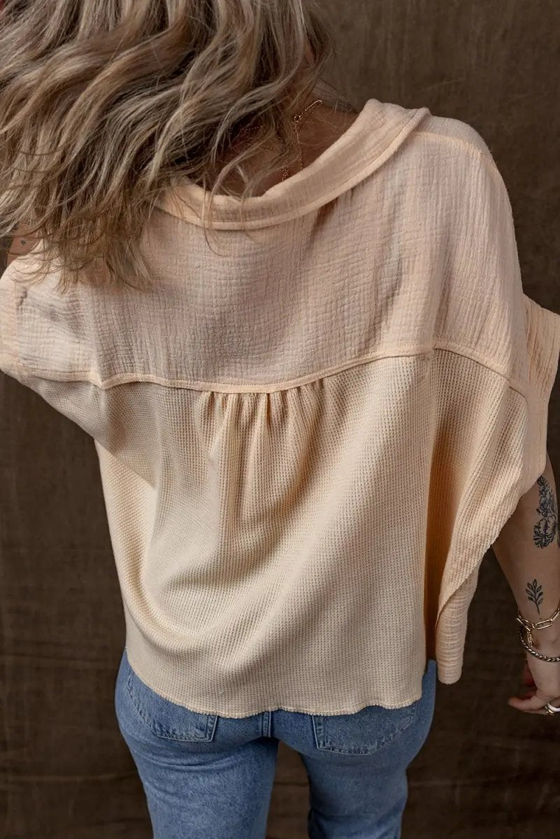 Beige Waffle Splicing Short Batwing Sleeve Flap Detail Shirt - Love Salve